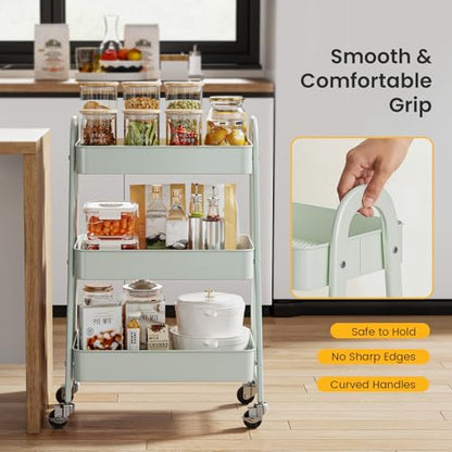 DUMOS 3 Tiers Rolling Utility Cart, Storage Organizer, Shelving Unit | Metal, Lockable Wheels, Mobile, Kitchen, Office, Bathroom, Laundry, Narrow Places, Light Green - color: 3-tier Green