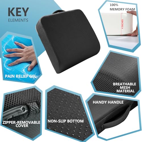 YOUFI Extra Thick Large Seat Cushion -19 X 17.5 X 4 Inch Gel Memory Foam Cushion with Carry Handle Non Slip Bottom - Pain Relief Coccyx Cushion for Wheelchair Office Chair (Black (1PACK)) - color: Black (1pack)