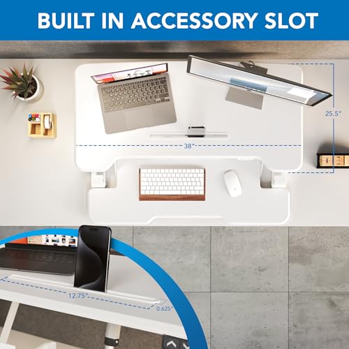 Mount-It! Electric Standing Desk Converter White 38 Inch Wide Tabletop, Stand up Desk Riser, Height Adjustable Sit Stand Desk, Fits Dual Monitors, Keyboard Tray, Device Slot, Monitor & Laptop - color: White