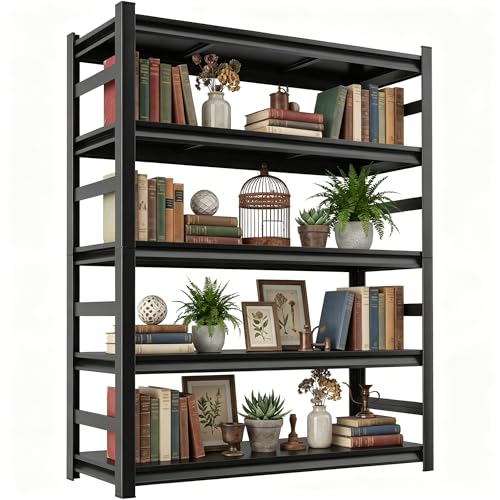 5 Tier Metal Book Shelf, Adjustable Tall Bookcase with Anti-Drop Fence | 72"H Heavy Duty 3000LBS Modern Deep Bookshelf, Bolt-Free Storage Shelves for Living Room, Home Office, Garage - size: Upgraded-36"W x 16"D x 72"H