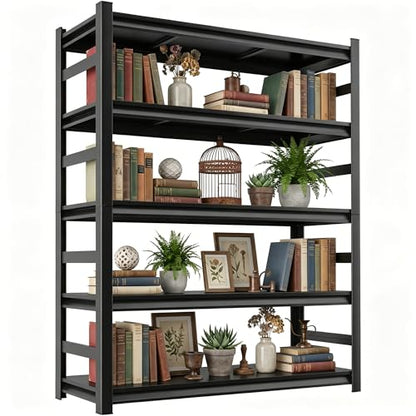 5 Tier Metal Book Shelf, Adjustable Tall Bookcase with Anti-Drop Fence | 72"H Heavy Duty 3000LBS Modern Deep Bookshelf, Bolt-Free Storage Shelves for Living Room, Home Office, Garage - size: Upgraded-36"W x 16"D x 72"H