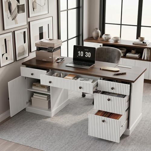 Garvee 60" Office Desk with Charging Station for Home Office, White - color: White, size: 21.6"D x 60"W x 30"H