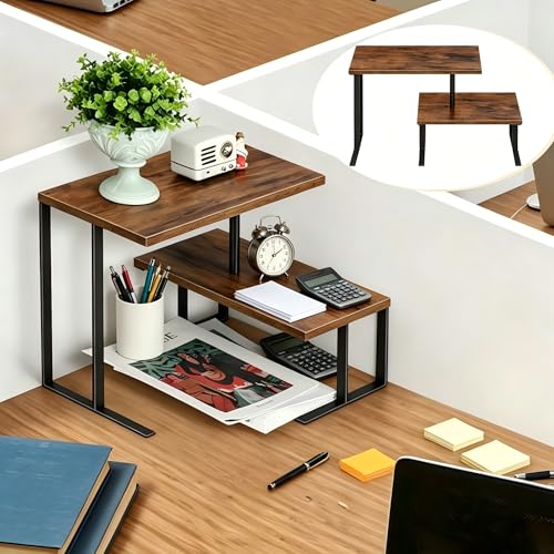 Desk Shelf Desktop Organizer 2 Tier Wood Small Storage Shelf Multi-Purpose Desktop Bookshelf Rotating Desk Stand Storage Organizers for Top of Desk Home Office Kitchen Bedroom