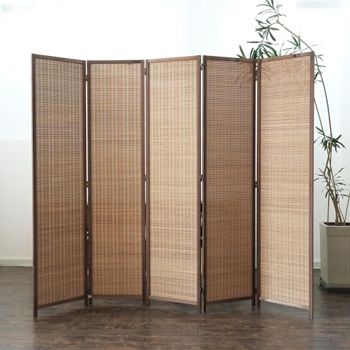 Furnnylane 5 Panel Bamboo Room Divider - 5.6 ft Tall Folding Privacy Screen for Room Separation, Natural Brown Freestanding Partition Wall for Home Office (67" H x 76.75" W) - color: Brown, size: 5 Panel