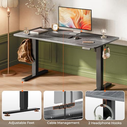 Huuger 55 x 28 Large Electric Standing Desk, Height Adjustable Desk, 27.6" Deep Desktop, Stand up Gaming Computer Office Desk with 2 Hooks, 3 Preset Heights, for Home Office, Grey - color: Grey, size: 55*28 inch (no outlets)