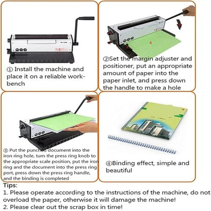Binding Machine, 34 Holes Office Manual Wire Coil Spiral Binding Machine Punching Binding Capacity（quare Hole）