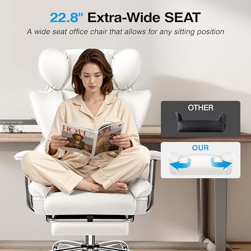 ALLGOD Big and Tall Office Chair 400LBS, Executive Ergonomic Leather Chair with Footrest, Wide Seat Gaming Office Chair with Pocket Spring Cushion, Reclining High Back Computer Desk Chair, White - color: White, size: 1 Pack