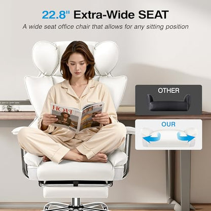ALLGOD Big and Tall Office Chair 400LBS, Executive Ergonomic Leather Chair with Footrest, Wide Seat Gaming Office Chair with Pocket Spring Cushion, Reclining High Back Computer Desk Chair, White - color: White, size: 1 Pack
