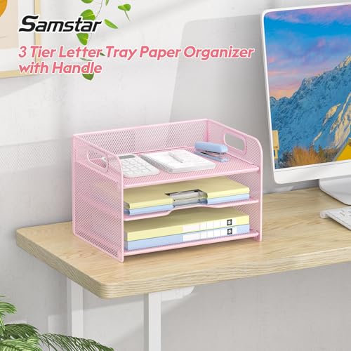 Samstar 3 Tier Pink Letter Tray Paper Organizer with Handle, Mesh Desk Organizer Paper Sorter File Rack Shelves, Pink - color: Pink 3 Tier Pack of 1