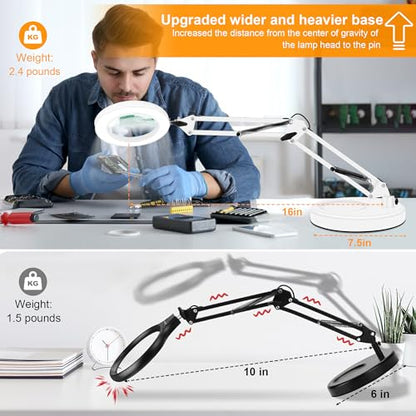 10X Magnifying Glass with Light and Stand, Magnifier with Light Hands Free, 3 Color Modes 10 Level Dimmable, Magnifying Real Glass LED Desk Lamp for Close Work, Repair, Reading, Craft, White - color: White