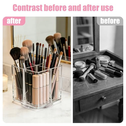 Acrylic Makeup Brush Holder, Clear Rotating Makeup Brush Holder Organizer with 4 Slots, Square Makeup Brush Cup for Vanity Desk Countertop Bathroom - size: Square-4.5in