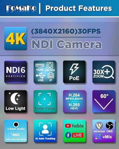 FoMaKo K30NS 4K 30x Optical Zoom PTZ Camera with NDI 6 & NDI HX3, AI Auto-Tracking Gen 3, 3G-SDI/LAN/USB3.0/HDMI – Professional Live Streaming Camera for Church, Worship, Education & Conference - color: Light Black