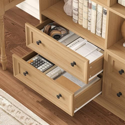71" Tall Bookshelf with 4 Drawers Large Bookshelf Office Bookcase | 6-Tier Double Wide Bookshelves and Bookcases with Storage, Tall Bookshelf Standing Book Cabinet for Home Office, Natural - color: Natural