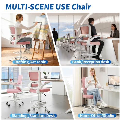 TRALT Drafting Chair - Tall Office Chair with Lumbar Support for High Desk - color: Pink
