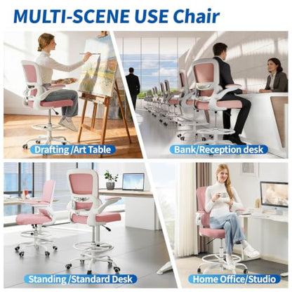 TRALT Drafting Chair - Tall Office Chair with Lumbar Support for High Desk - color: Pink