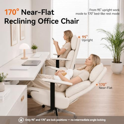 OKUP M30 Reclining Office Chair with Footrest, 170° Near-Flat, Cream