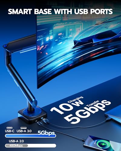 ARES WING 17-49 Inch Monitor Arm Ultrawide Monitor Mount with USB, Black | Heavy Duty Mechanical Spring Monitor Stand Adjustable Arms Holds up to 44lbs, 75/100 VESA Mount with Clamp/Grommet Base