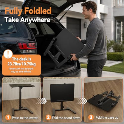Monomi 25“ Mobile Folding Desk,Pneumatic Sit-Stand Table,No Assembly,Black | Height Adjustable Rolling Laptop Desk,Space-Saving Portable Small Desk with Wheels,Ideal for Home Office,Craft & Study - color: Black