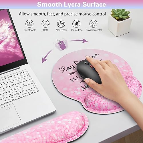 Mouse Pad with Wrist Rest Set Pink, 3-in-1 Wrist Support Mousepad Set,Gaming Mat Pad with Anti-Skid Base,Ergonomic Mouse Pad,Memory Foam Keyboard Gel Wrist Rest - color: Pink Particle
