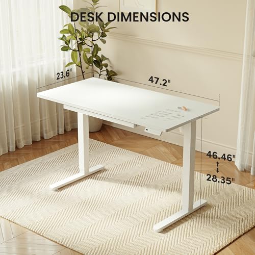BANTI 48"x24" Standing Desk with Glass Top, Height Adjustable Computer Desk with Drawer, One-piece Rising Home Office Desks with Positon Memory, Sit Stand Up Electric Workstation Table, White