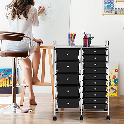 Yaheetech 15-Drawer Rolling Storage Cart on Wheels, Craft Organizer, Black - color: Black, style: 15 Drawers