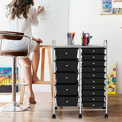 Yaheetech 15-Drawer Rolling Storage Cart on Wheels, Craft Organizer, Black - color: Black, style: 15 Drawers