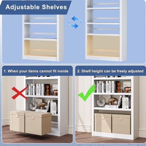 61" 5-Tier Metal Bookshelf,4 Adjustable Shelves,Large Capacity (White) - color: White, size: 61"H*27.5"W*11.8"D