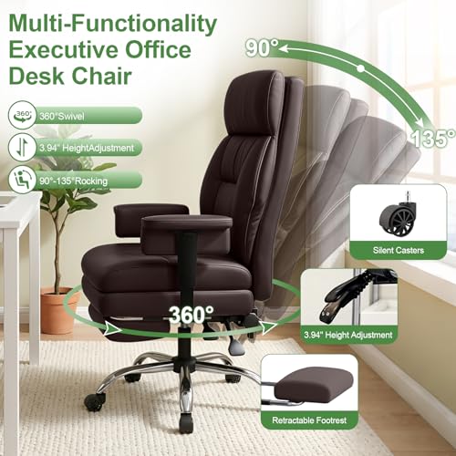 Office Chair Comfortable Executive Desk Chair with Foot Rest, Adjustable Height Home Computer Chair High Back Gaming Chair Leather Swivel Rolling Work Chairs, Brown - color: Brown