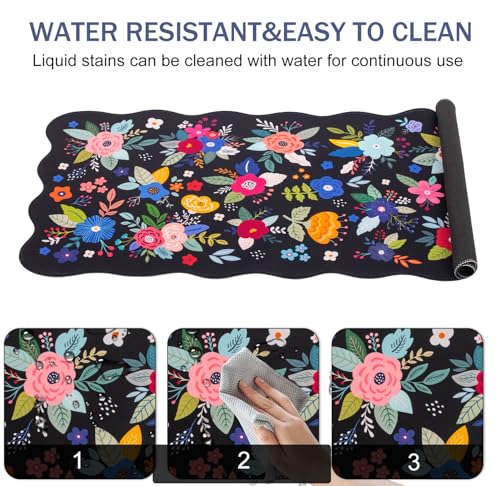 L-SPOUTTO Floral Mouse Pad, Black Scalloped Desk Mat XXL Gaming Mousepad | Botanical Large 35.4x15.7in Non-Slip Rubber Base Keyboard Pad Waterproof Desktop Mat for Laptop Computer Game Home Office - color: Colorful Flowers
