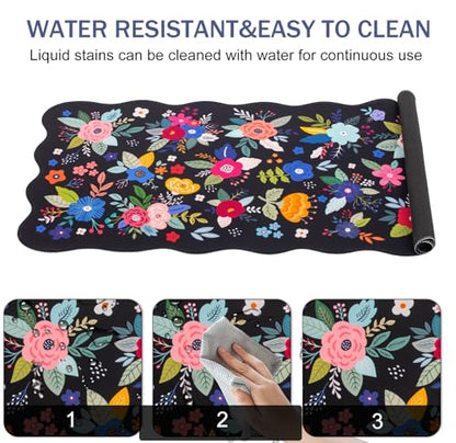 L-SPOUTTO Floral Mouse Pad, Black Scalloped Desk Mat XXL Gaming Mousepad | Botanical Large 35.4x15.7in Non-Slip Rubber Base Keyboard Pad Waterproof Desktop Mat for Laptop Computer Game Home Office - color: Colorful Flowers