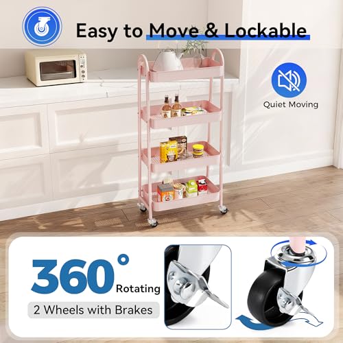 NEWBULIG 4-Tier Metal Rolling Storage Utility Cart with Lockable Wheels - color: Pink, size: 4 Tier