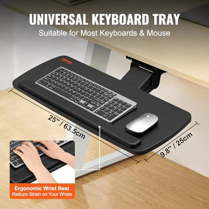 VEVOR Under-Desk Keyboard Tray, Adjustable for Height and Tilt, Slide-Out Design, Spacious 25x9.8 Inch Surface, Ideal for Home and Office Use - style: Adjustable