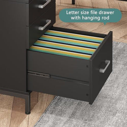 TVU 59’‘ L Shaped Desk with 6 Wood Drawers, Large Home Office Corner Computer Desk with Storage File Cabinet, Modern Metal Wood Desk for Executive Writing Study Workstation, Black