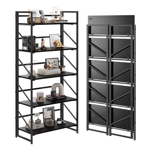 JSB No Assembly Folding Bookshelf, 5 Tier Industrial Metal Book Shelf for Storage, Vintage Wood Foldable Bookcase for Living Room, Bedroom, Office Organization Shelves - color: Black, size: Flat Tube 5-Tier
