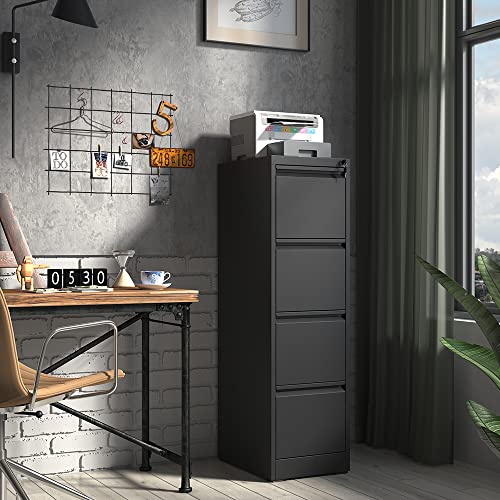 IKIMI 4 Drawer File Cabinet,Metal Filing Cabinets with Lock,Black Vertical File Cabinet for Home Office,Heavy Duty Metal Storage Cabinet for A4/Letter/Legal Size File,Assembly Required - color: Black, size: 4 Drawers