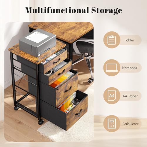 DurayLoly 4-Drawer Rolling File Cabinet Fits A4 Letter Size For Home Office | Printer Stand With Stable Frame, Large Capacity, Easy To Move And Assemble With Lockable Casters, Rustic Brown - color: Rustic Brown