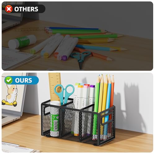 Marbrasse Mesh Pen Holder for Desk, Pencil Holder Desk Organizer 3 Adjustable Compartments, Pencil Cup with Handle Perfect for Classroom, Office, Home, Makeup, Art (Black) - color: Black