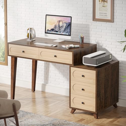 Tribesigns 51-Inch Computer Desk with 5 Drawers, Rustic Brown Office Desk with Reversible Drawer Cabinet, Wooden Study Writing Table Workstation with Storage for Small Spaces