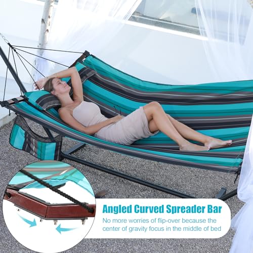 TegerDeger 12FT 2 Person Hammock with V Shaped Spreader Bar -Teal Stripes - color: Teal Stripes