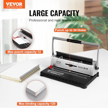 VEVOR Coil Binding Machine, Manual Book Maker 34-Holes Binding 120 Sheets, Punch Binder with Adjustable Side Margin, for Letter Size, A4, A5 - style: Coil Binding