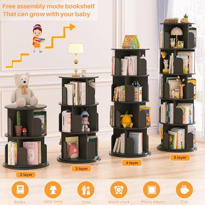 Aheaplus 5 Tier Wood Rotating Bookshelf, 360° Spinning Book Shelf Tower - color: Black, size: 5-Tier