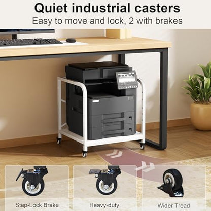 20 Inches Large White Printer Stand, 2-Tier Under Desk Printer Table with Height Adjustable Shelf, Rolling Printer Cart with Industrial Wheels for Home Office (White) - color: White