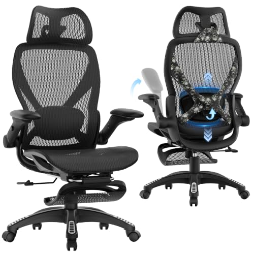 ELABEST X100 Ergonomic Mesh Office Chair with Footrest, Big and Tall Home Desk Chair with 5D Flip-Up Arms, Adjustable 3D Lumbar Support, Gaming & Executive Computer Chair (Night Reaper) - color: Night Reaper