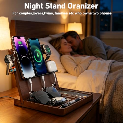 Wood Phone Docking Station with 4 USB Outputs Nightstand Organizer for Men - color: Walnut color