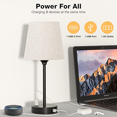 Bedside Table Lamps Set 2 for Bedroom - Dimmable Touch, USB C+A, AC Outlet | 14.5" Mini Lamp, 3-Way Dimmable, LED Bulbs Included, Trapezoid Barrel Fabric Lampshade, Nightstand Light for Guest Room, Kids - color: Beige