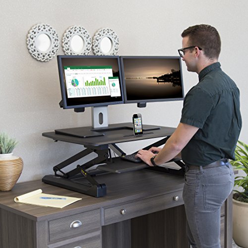 Seville Classics OFF65806 Airlift 36" Electric Height Adjustable Standing Desk Converter Workstation with 2.1A USB Charger Ergonomic Motorized Dual Monitor Riser Full Black - color: Electric Black