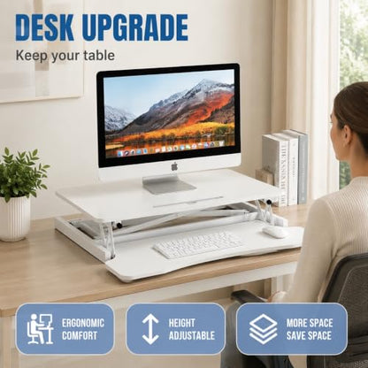 32" Height Adjustable Sit Stand Desk Converter, Dual Monitor Laptop Riser, Black (Desk Converter (White)) - color: Desk Converter (White)