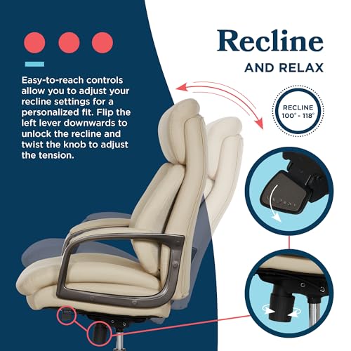 La-Z-Boy High-Back Ergonomic Office Chair, AIR Lumbar Support Leather Chair | Nova, 350lb Capacity Executive Task Chair, Padded Headrest & Arms, Layered Foam Seat Cushion, Swivel, Back Pain Relief, Cream - color: Cream
