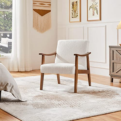 Yaheetech Accent Chairs Set of 2, Mid-Century Boucle Fabric Armchair, Ivory | Cushioned Club Chairs with Supportive Sloped Backrests and Sturdy Wood Arms Fit Small Living Rooms, Offices, Reading Nook - color: Ivory