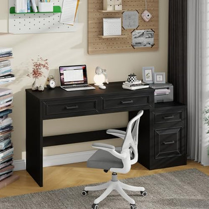 Vabches 61" Farmhouse Computer Desk with Storage and File Drawer, Black | Executive Desks with Printer Stand, Rustic Large Home Writing Desk for Home Office - color: Black